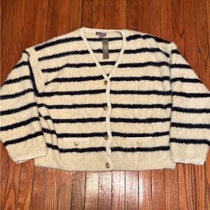 J. Crew Fuzzy Navy and White Striped Cardigan
